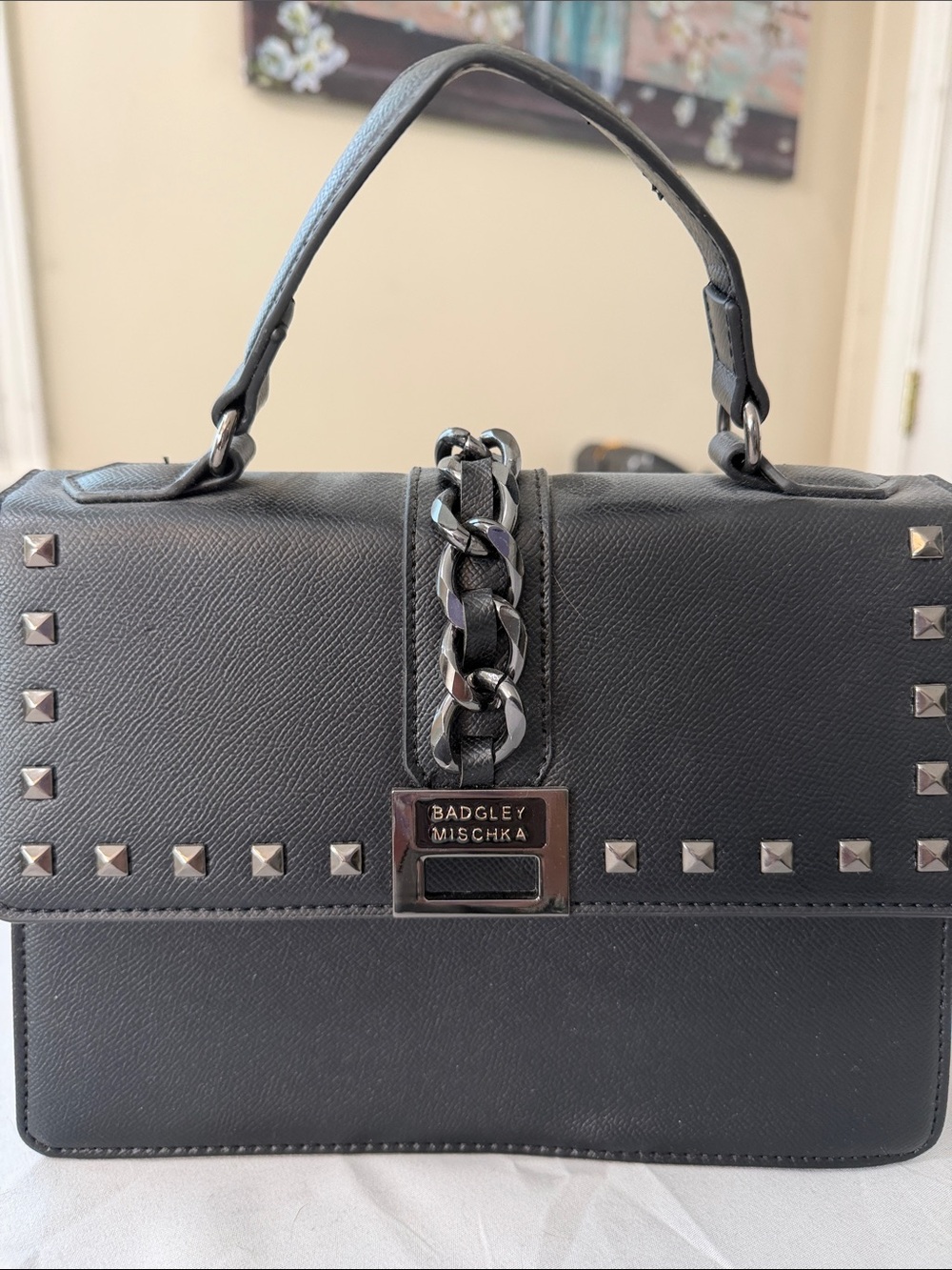 Badgley Mischka Black Studded Chain-Accent Satchel